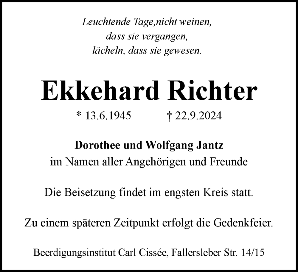  Traueranzeige für Ekkehard Richter vom 28.09.2024 aus Braunschweiger Zeitung