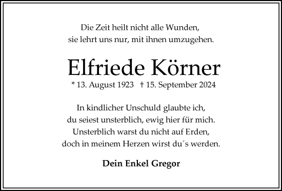 Traueranzeige von Elfriede Körner von Wolfsburger Nachrichten