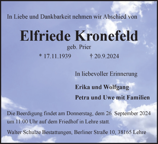 Traueranzeige von Elfriede Kronefeld von Helmstedter Nachrichten