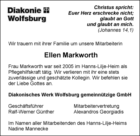 Traueranzeige von Ellen Markworth von Wolfsburger Nachrichten