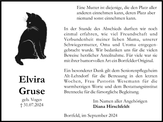 Traueranzeige von Elvira Gruse von Peiner Nachrichten