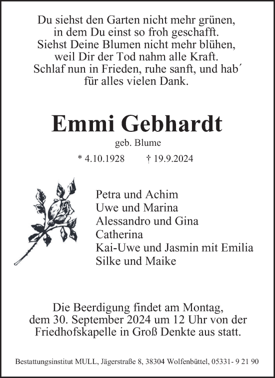 Traueranzeige von Emmi Gebhardt von Wolfenbütteler Zeitung