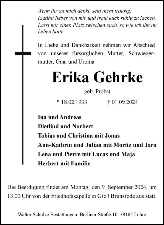 Traueranzeige von Erika Gehrke von Braunschweiger Zeitung
