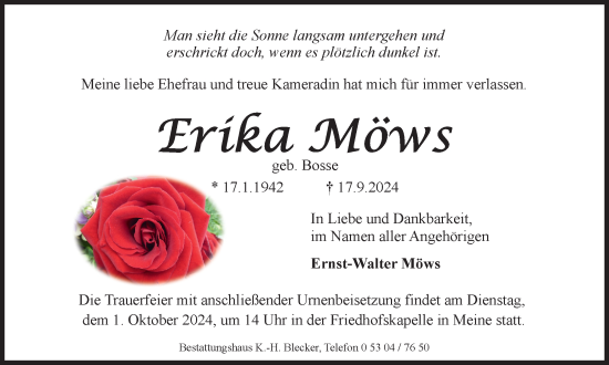Traueranzeige von Erika Möws von Wolfsburger Nachrichten