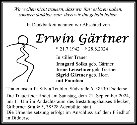 Traueranzeige von Erwin Gärtner von Braunschweiger Zeitung