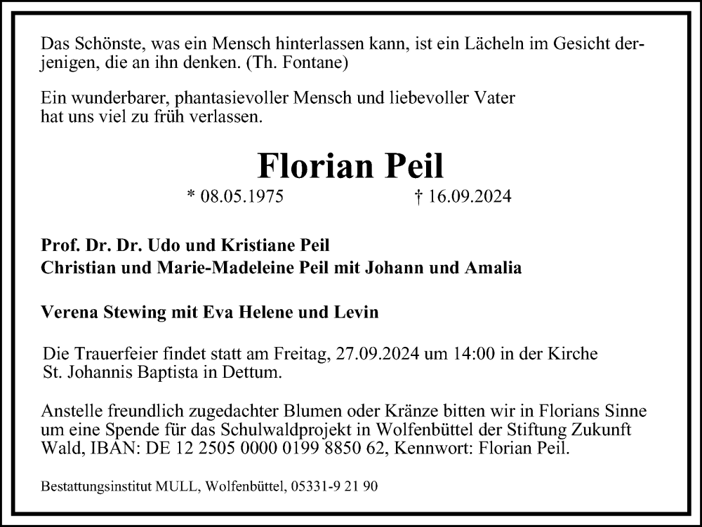  Traueranzeige für Florian Peil vom 24.09.2024 aus Braunschweiger Zeitung