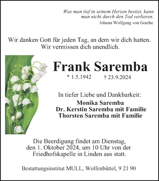 Traueranzeige von Frank Saremba von Wolfenbütteler Zeitung