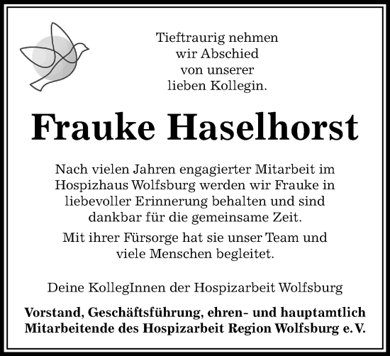 Traueranzeige von Frauke Haselhorst von Wolfsburger Nachrichten