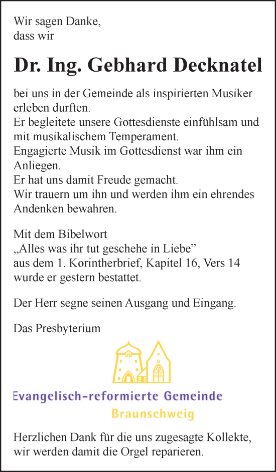 Traueranzeige von Gebhard Decknatel von Braunschweiger Zeitung