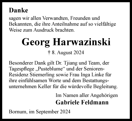 Traueranzeige von Georg Harwazinski von Helmstedter Nachrichten