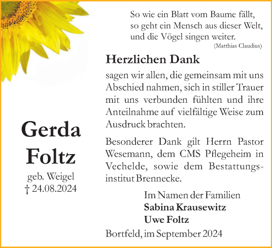 Traueranzeige von Gerda Foltz von Peiner Nachrichten