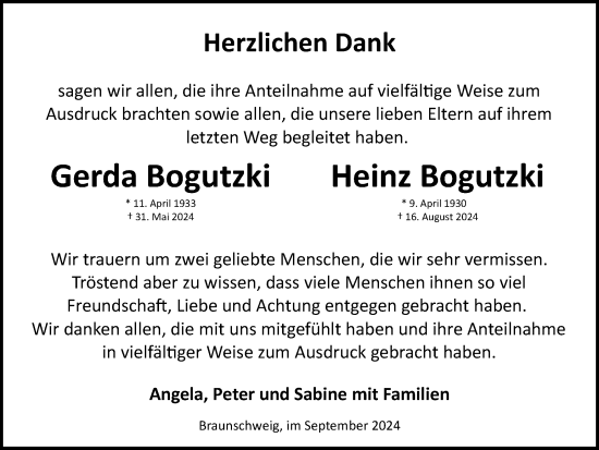 Traueranzeige von Gerda und Heinz Bogutzki von Braunschweiger Zeitung