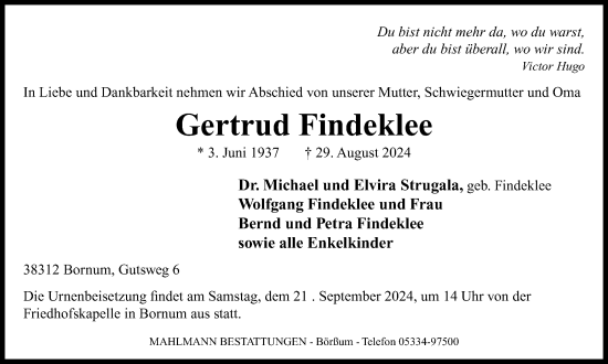 Traueranzeige von Gertrud Findeklee von Wolfenbütteler Zeitung
