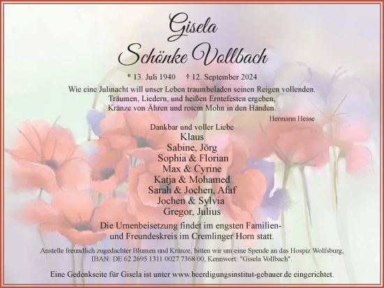 Traueranzeige von Gisela Schönke Vollbach von Wolfsburger Nachrichten