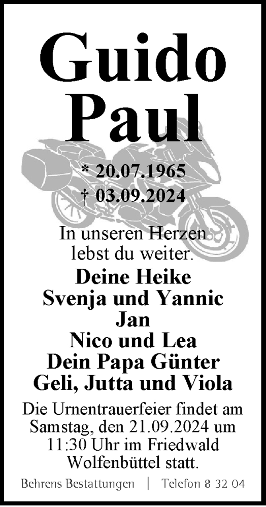  Traueranzeige für Guido Paul vom 14.09.2024 aus Braunschweiger Zeitung