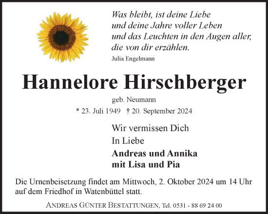 Traueranzeige von Hannelore Hirschberger von Braunschweiger Zeitung