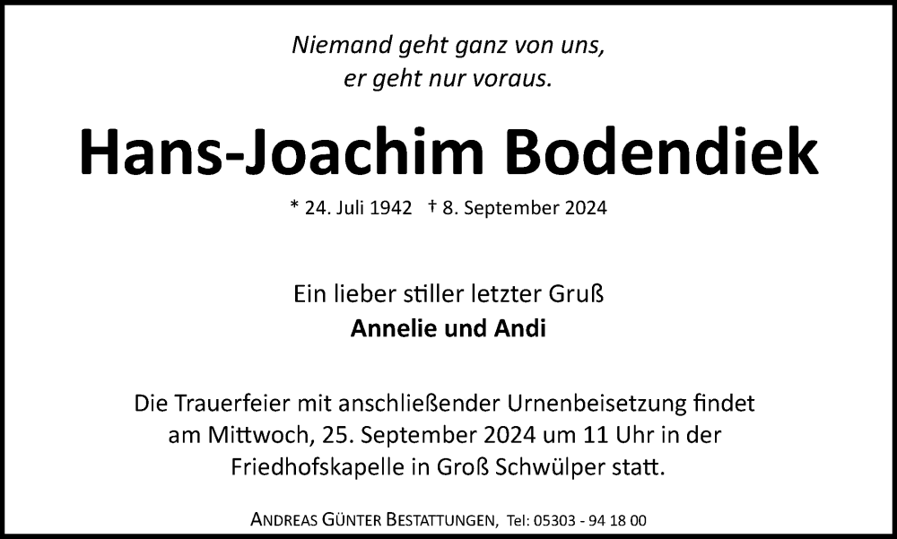  Traueranzeige für Hans-Joachim Bodendiek vom 14.09.2024 aus Braunschweiger Zeitung
