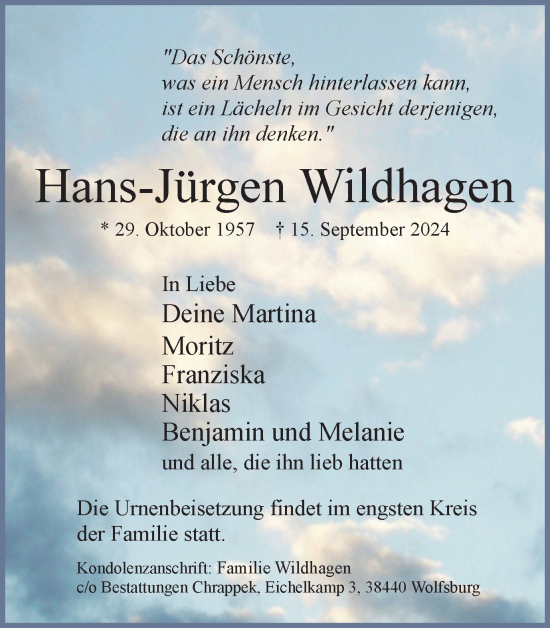 Traueranzeige von Hans-Jürgen Wildhagen von Wolfsburger Nachrichten