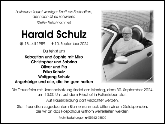 Traueranzeige von Harald Schulz von Wolfsburger Nachrichten