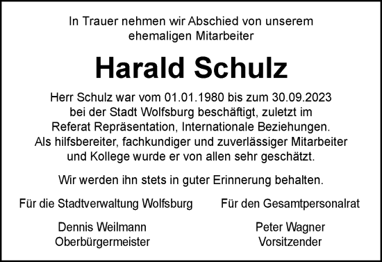 Traueranzeige von Harald Schulz von Wolfsburger Nachrichten