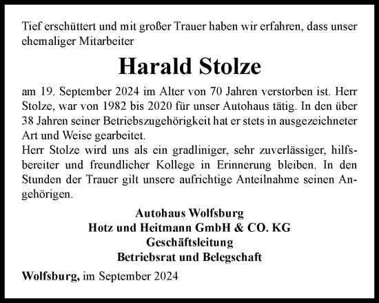 Traueranzeige von Harald Stolze von Wolfsburger Nachrichten