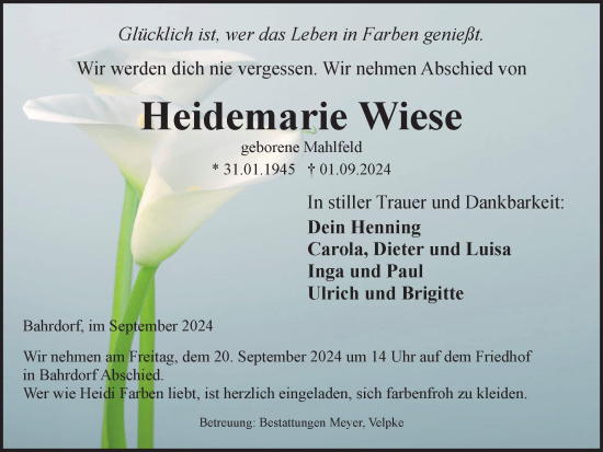 Traueranzeige von Heidemarie Wiese von Helmstedter Nachrichten