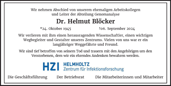 Traueranzeige von Helmut Blöcker von Braunschweiger Zeitung
