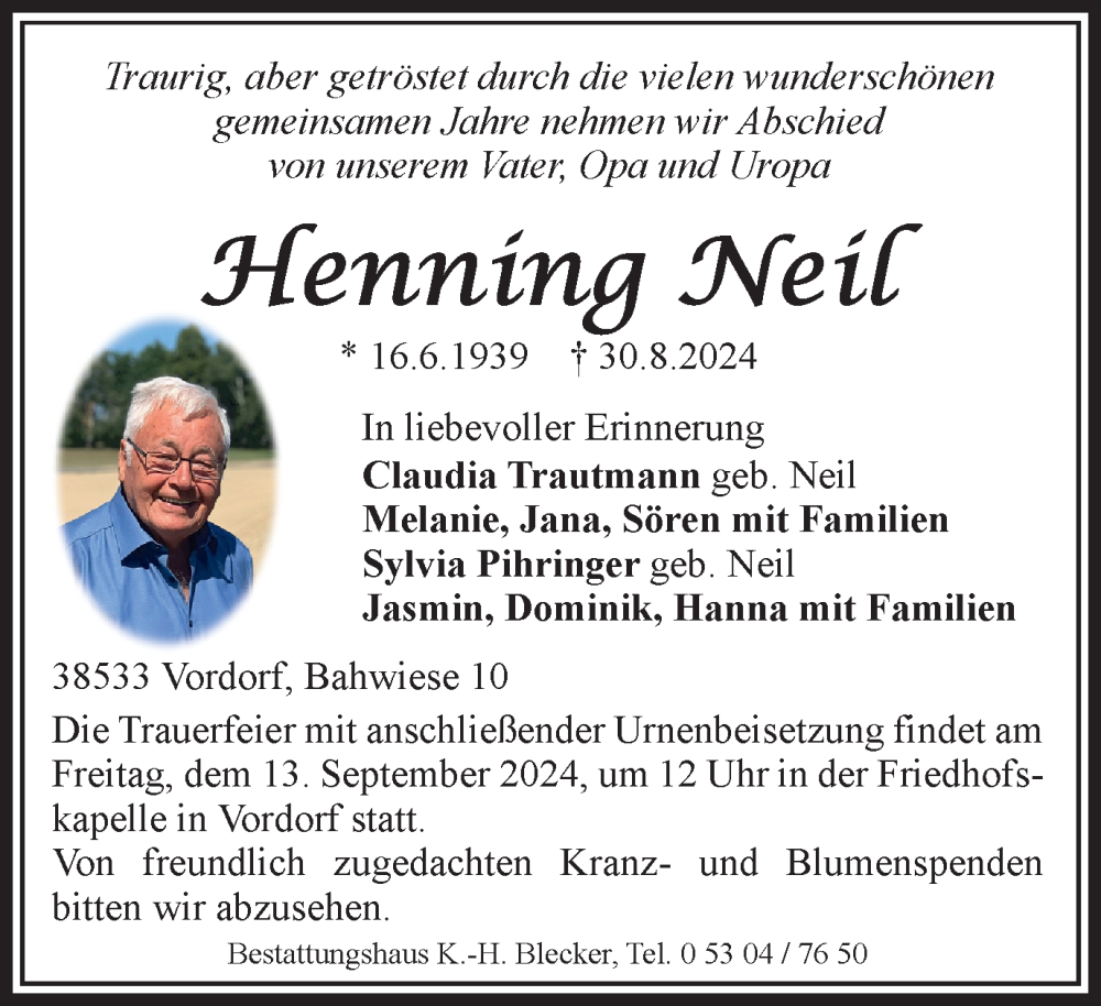  Traueranzeige für Henning Neil vom 07.09.2024 aus Braunschweiger Zeitung