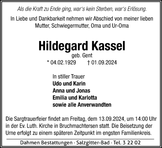 Traueranzeige von Hildegard Kassel von Salzgitter-Zeitung