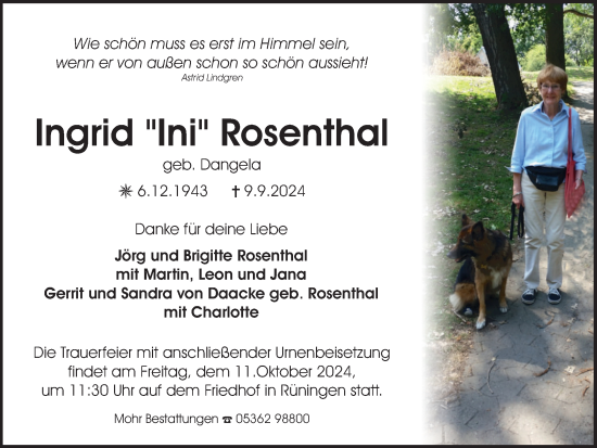 Traueranzeige von Ingrid Rosenthal von Braunschweiger Zeitung