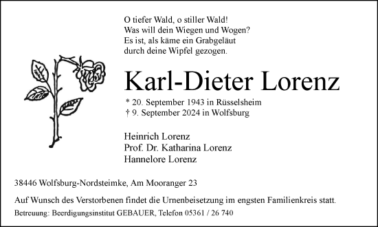 Traueranzeige von Karl-Dieter Lorenz von Wolfsburger Nachrichten