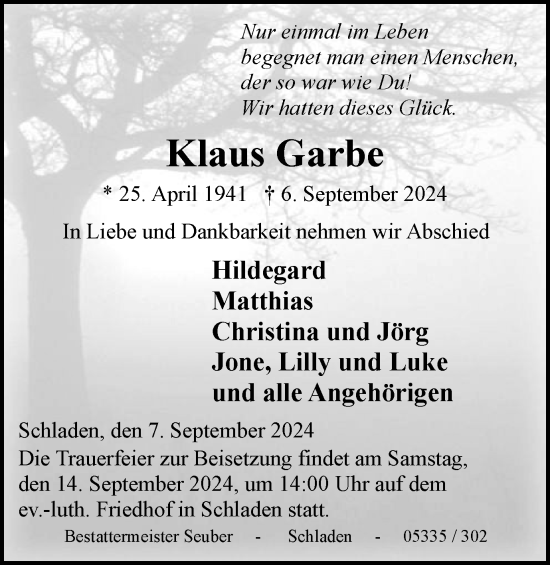 Traueranzeige von Klaus Garbe von Wolfenbütteler Zeitung