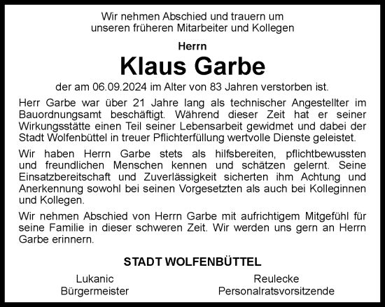 Traueranzeige von Klaus Garbe von Wolfenbütteler Zeitung