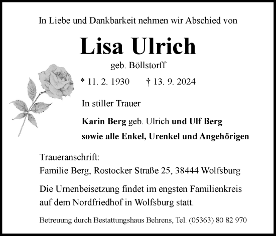 Traueranzeige von Lisa Ulrich von Wolfsburger Nachrichten