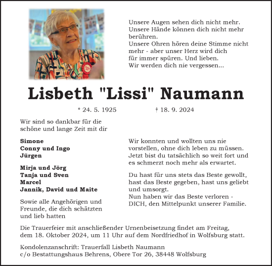 Traueranzeige von Lisbeth Naumann von Wolfsburger Nachrichten
