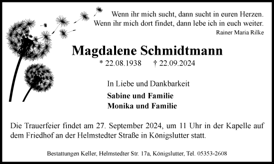 Traueranzeige von Magdalene Schmidtmann von Helmstedter Nachrichten