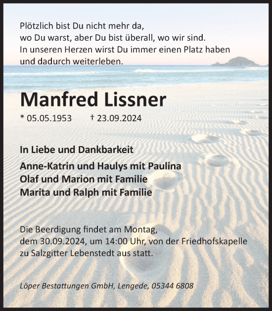 Traueranzeige von Manfred Lissner von Salzgitter-Zeitung