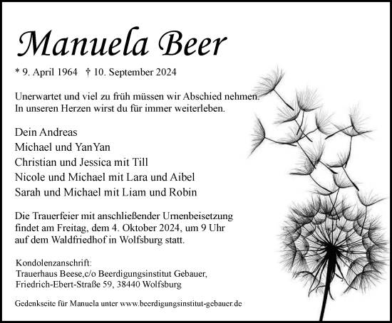 Traueranzeige von Manuela Beer von Wolfsburger Nachrichten