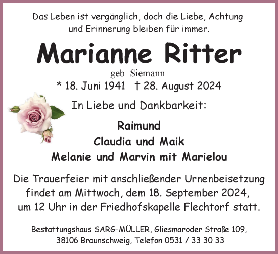 Traueranzeige von Marianne Ritter von Braunschweiger Zeitung