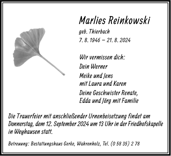 Traueranzeige von Marlies Reinkowski von Wolfsburger Nachrichten
