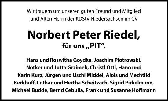 Traueranzeige von Norbert Peter Riedel von Braunschweiger Zeitung