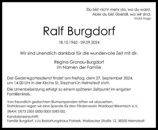 Traueranzeige von Ralf Burgdorf von Helmstedter Nachrichten