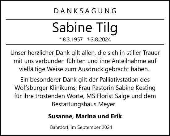 Traueranzeige von Sabine Tilg von Wolfsburger Nachrichten