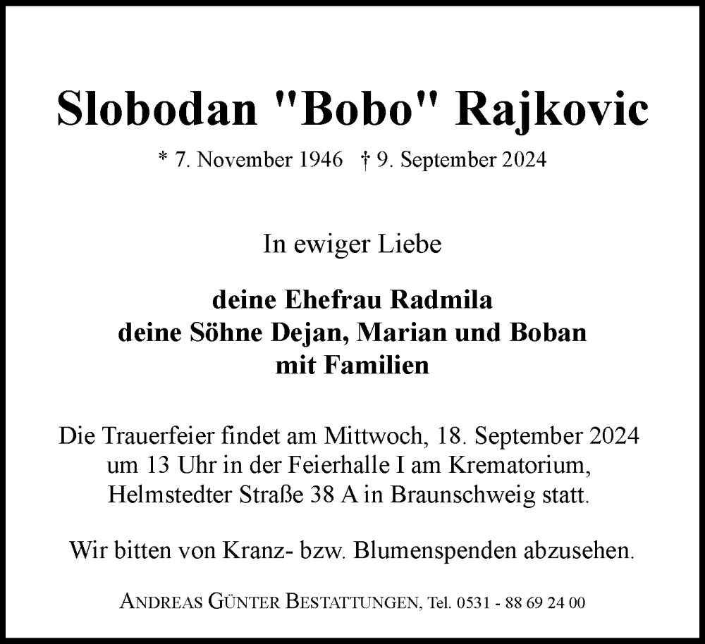  Traueranzeige für Slobodan  Rajkovic vom 14.09.2024 aus Braunschweiger Zeitung