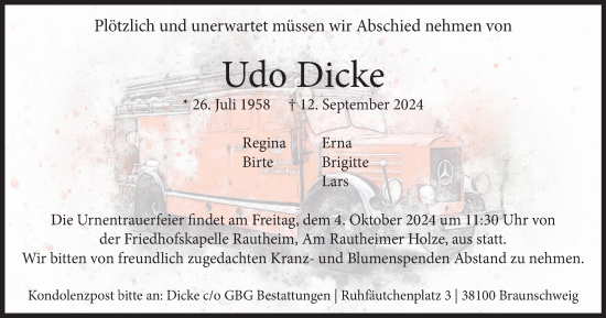 Traueranzeige von Udo Dicke von Braunschweiger Zeitung