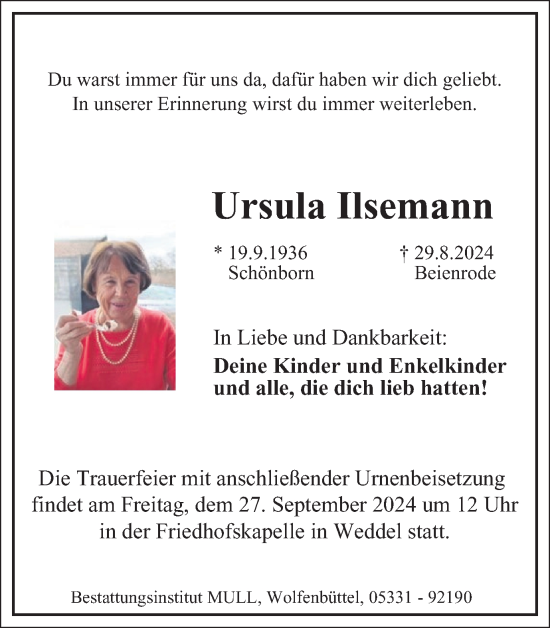 Traueranzeige von Ursula Ilsemann von Braunschweiger Zeitung