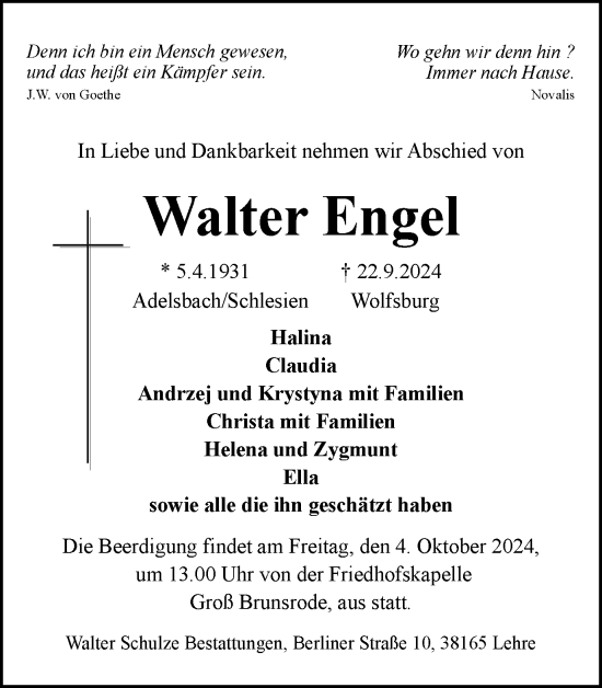 Traueranzeige von Walter Engel von Braunschweiger Zeitung