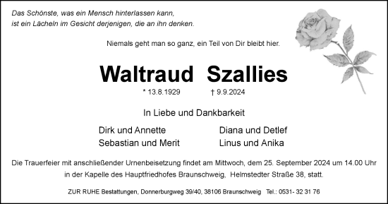 Traueranzeige von Waltraud Szallies von Braunschweiger Zeitung