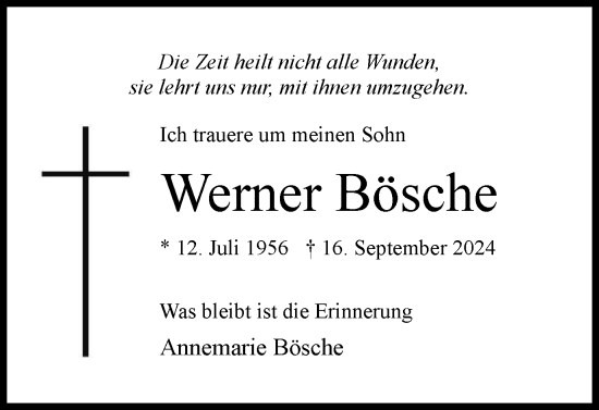 Traueranzeige von Werner Bösche von Wolfsburger Nachrichten