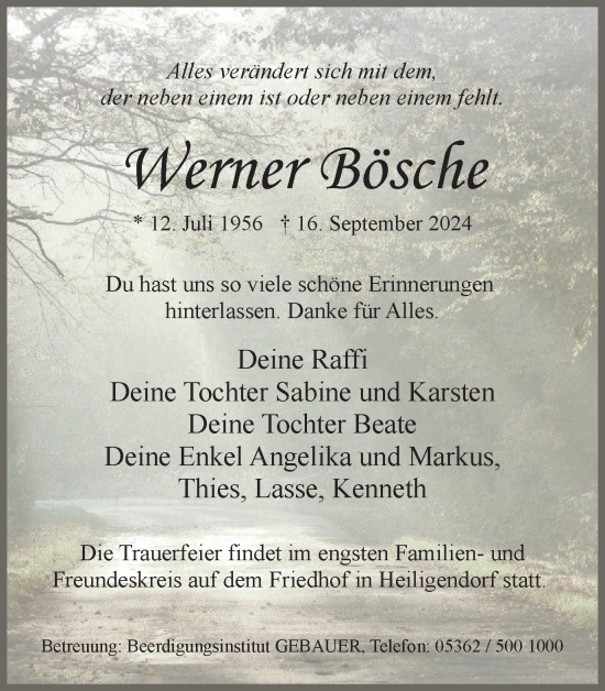 Traueranzeige von Werner Bösche von Wolfsburger Nachrichten